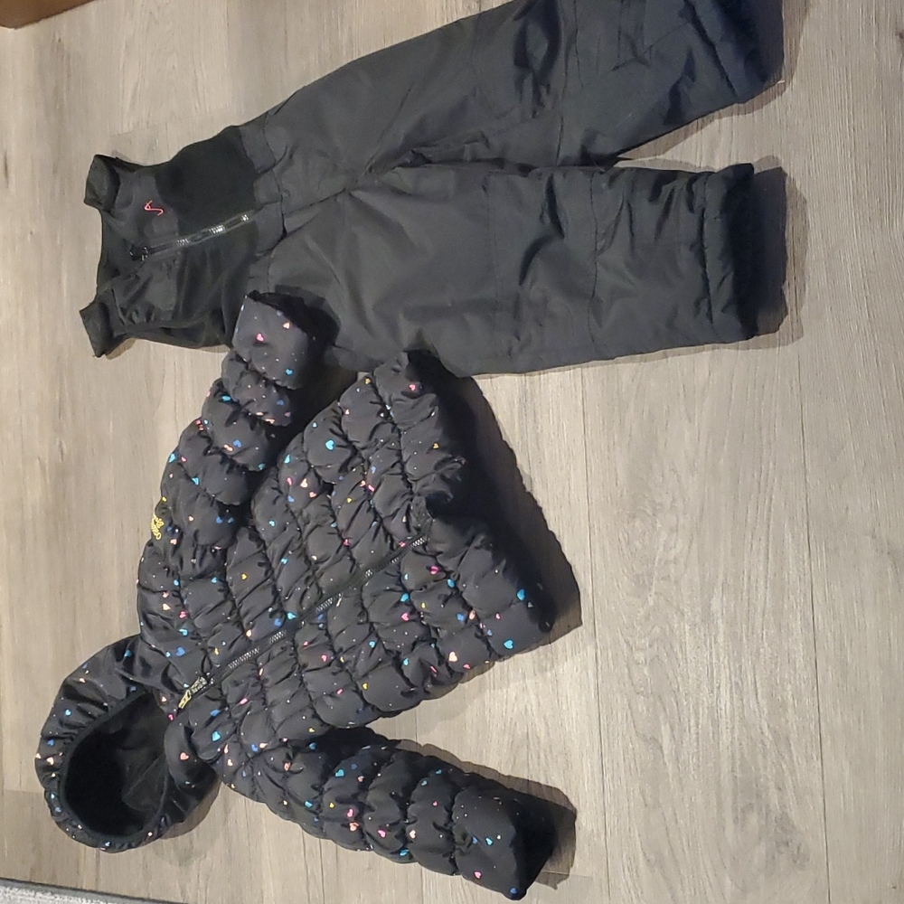 Oshkosh B’gosh girls size 5T winter coat and size 4T vertical 9 snow bibs